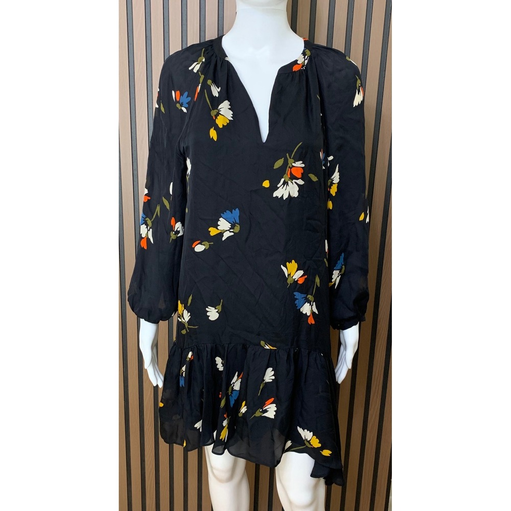 Joie Women's Black Floral Silk Mini Dress V-Neck Ruffle Hem Long Sleeve S